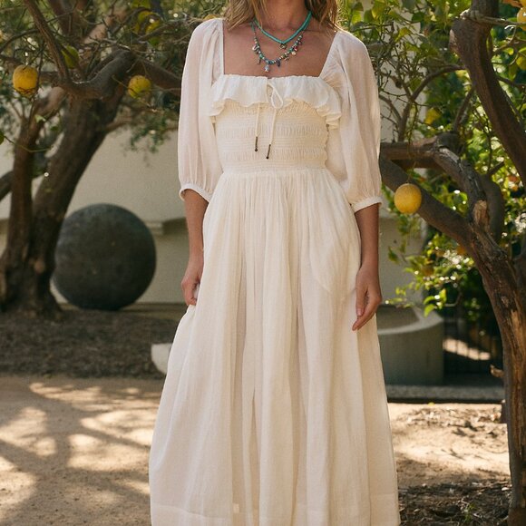 Free People Dresses & Skirts - Free People White Oasis Smocked Cotton Midi Dress Boho Cottagecore